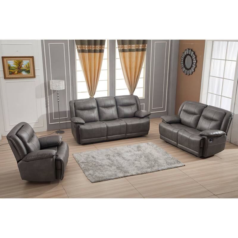 Betsy Furniture 3 Piece Bonded Leather Reclining Living Room Set, Sofa, Loveseat and Glider Chair - Grey