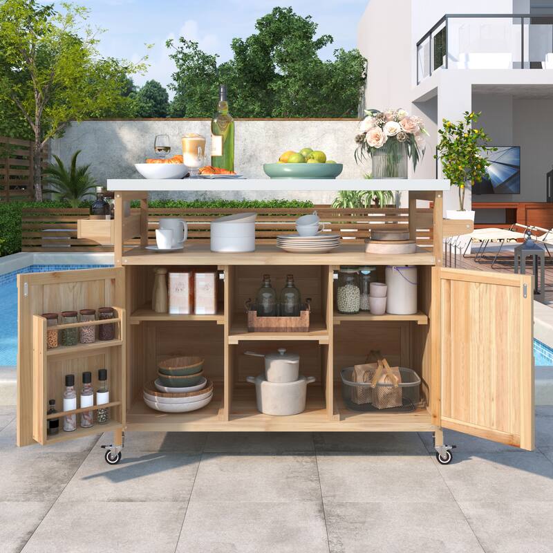 Farmhouse Outdoor Kitchen Island, Rolling Bar Cart & Storage Cabinet with Stainless Steel Top, Spice Rack & Towel Rack