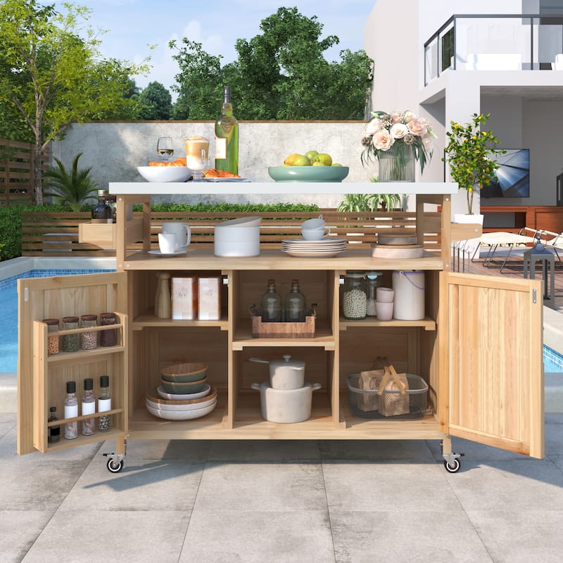 Kitchen Island, Rolling Bar Cart & Storage Cabinet, Farmhouse Solid Wood Outdoor Grill Table