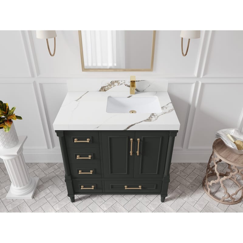 Willow Collections 36 in. W x 22 in. D Aberdeen Right Offset Sink Bathroom Vanity with Countertop - 2" Viola Gold - Black Top