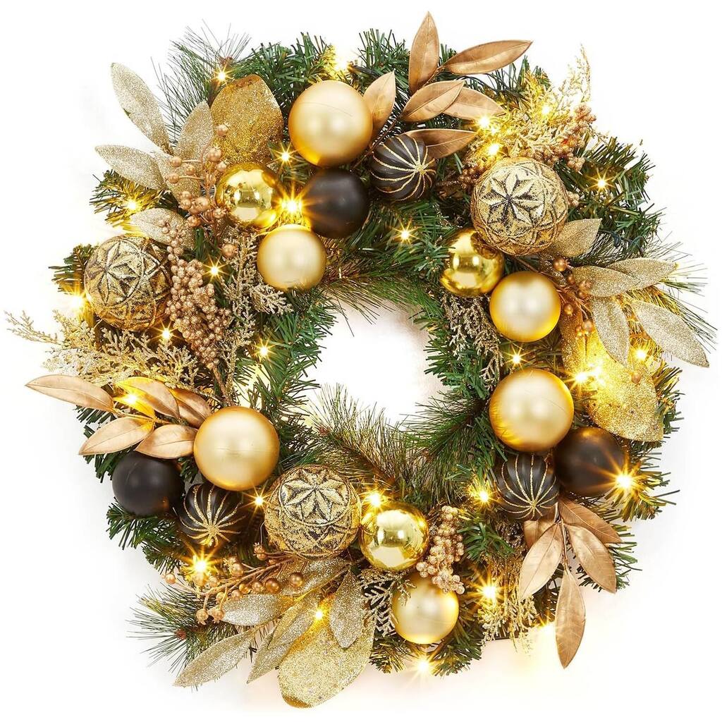22 in Artificial Christmas Wreath, Pre-Lit Lighted with Ball Ornaments