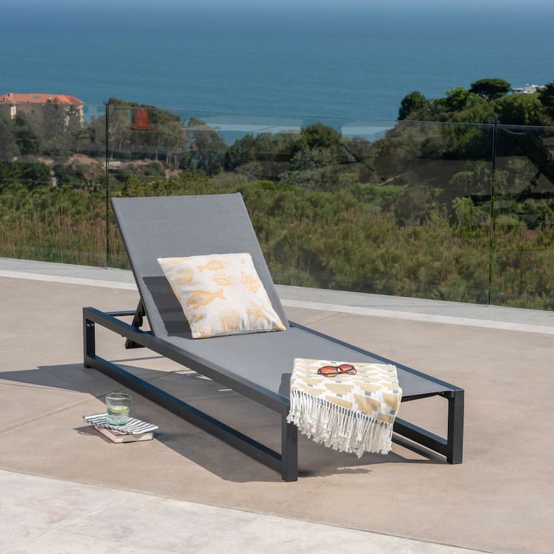 Venice Chaise Lounge Black Grey Outdoor Adjustable Reclining Mesh Patio Furniture with Aluminum Frame 77in