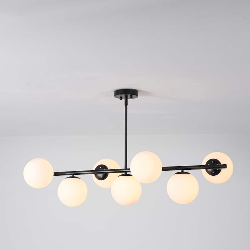 7-Light Mid-Century Modern Gold/Black Sputnik Metal Island Lights with Opal Glass Globe Shades for Kitchen/Dining Room - Black/White