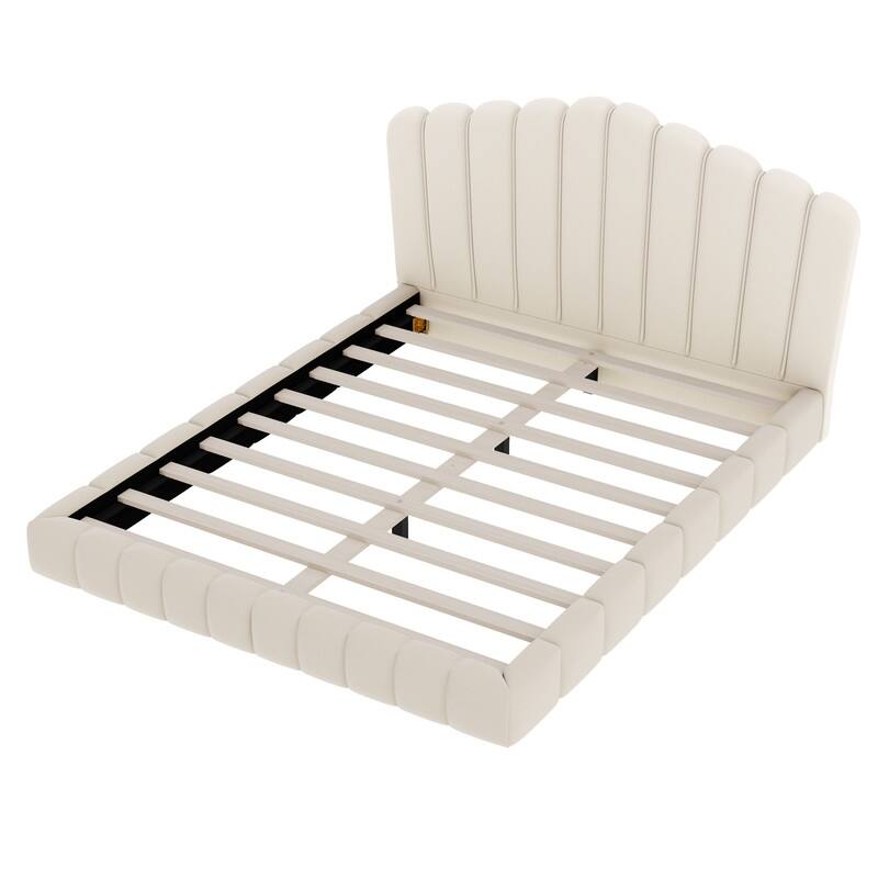 Velvet Upholstered Queen Bed Frame Shell-Shaped Headboard