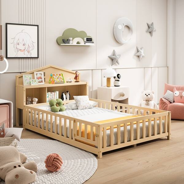 slide 2 of 41, Full Size Plywood Montessori Floor Bed with Bookcases, Blackboards, Guard rails, Solid Wood Floor Beds and Storage Headboards Natural