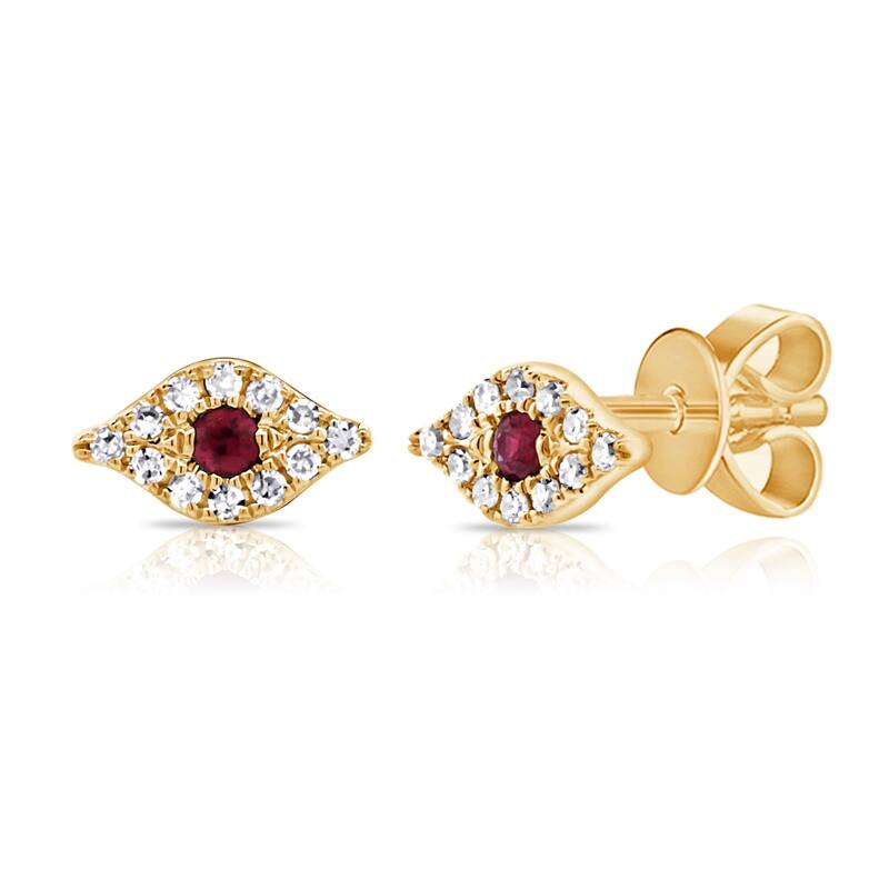 Joelle Collection Evil Eye Studs Earrings Ruby & Diamonds 14K Gold - Evil Eye Ruby Earring
