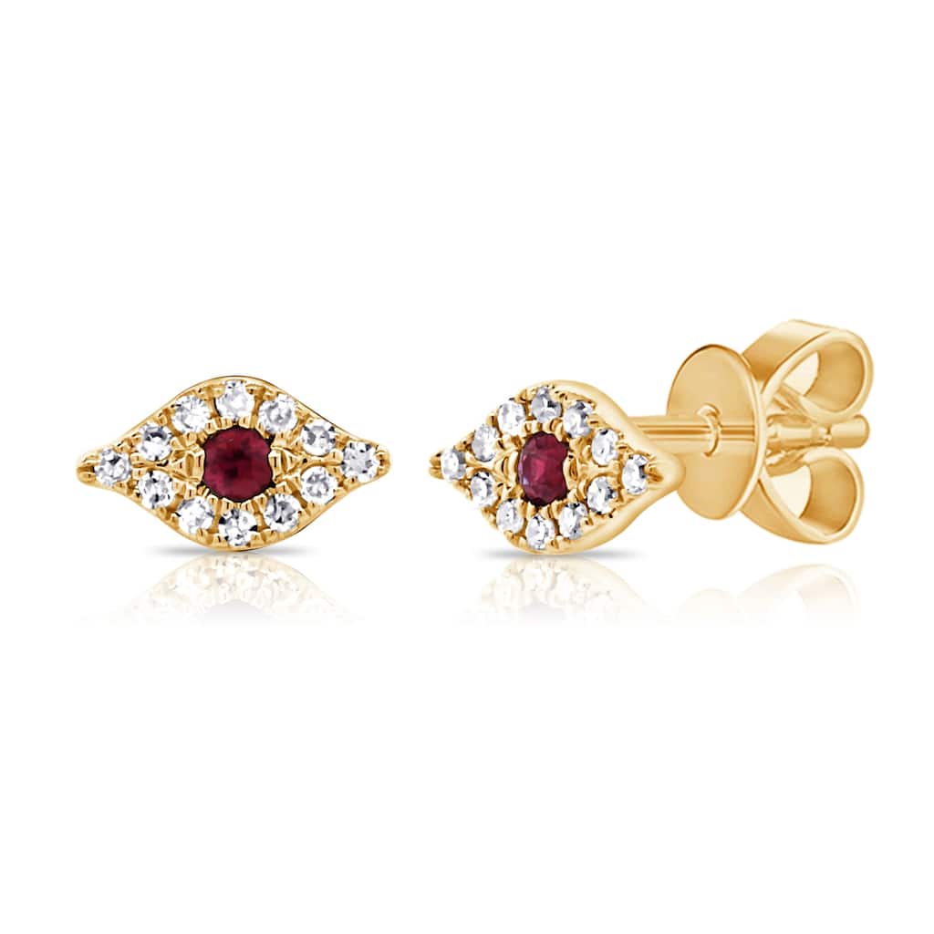 Joelle Collection Evil Eye Studs Earrings Ruby & Diamonds 14K Gold - Evil Eye Ruby Earring