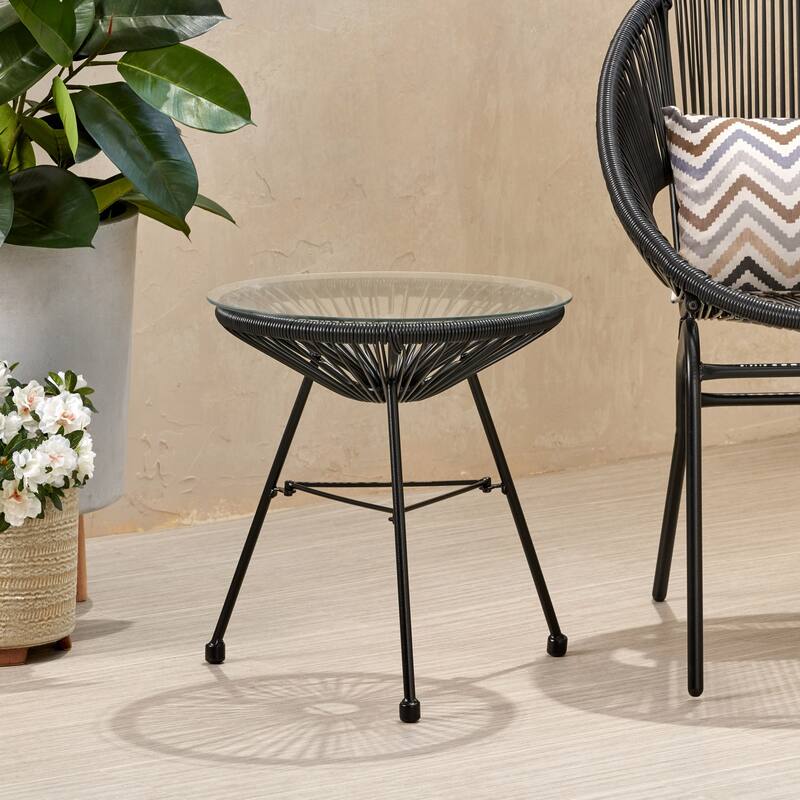 Modern Outdoor Rattan Side Table with Tempered Glass