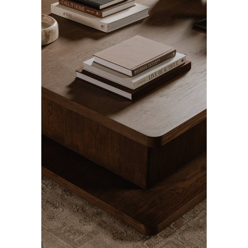 NADAAL STUDIOS Thalor Coffee Table, Large Rectangular Solid Oak Edge, Bullnose Vertical Support, Dark Brown