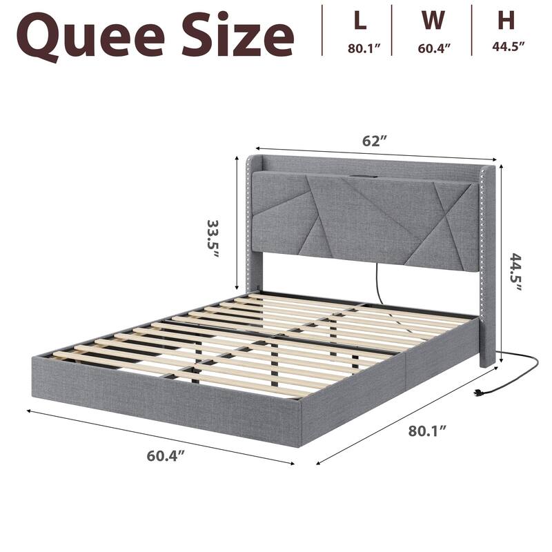 Full/Queen Floating Bed Frame with LED Lights & Charging Station, Upholstered Platform Beds with Storage Headboard