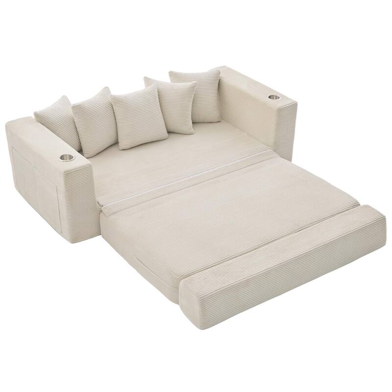 2-in-1 Convertible Sleeper Sofa, Floor Folding Couch, Sofa Bed with Side Pocket, Pull Out Loveseat with Cup Holders