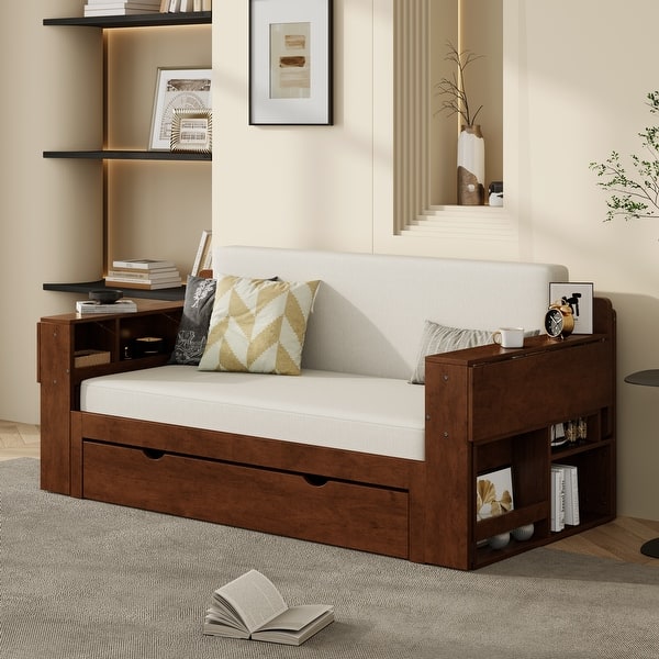 slide 2 of 17, Multifunctional Sofa Bed Convertible Daybed with Removable Integrated Desk/Hydraulic Side Table/Storage Drawers for Small Spaces Espresso - Full