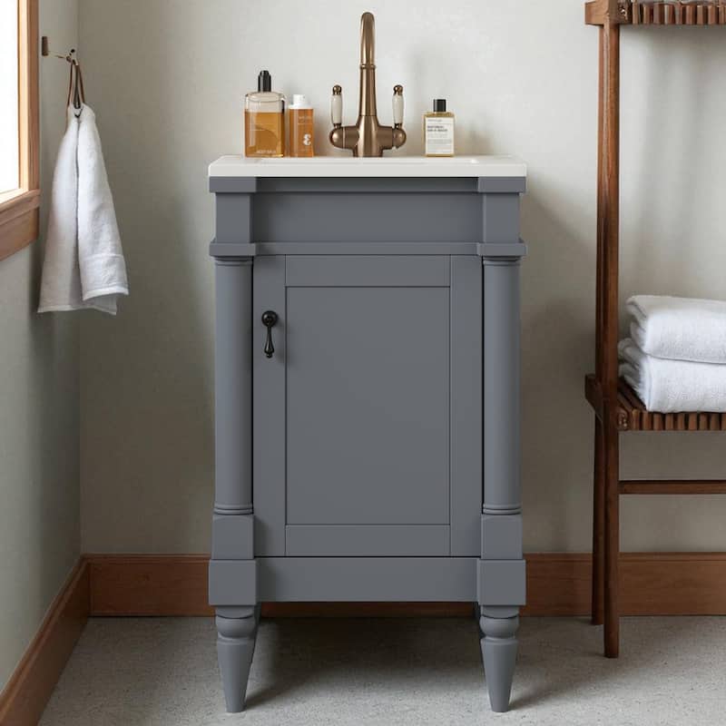 18" Small Bathroom Vanity with Sink, Modern Freestanding Storage Cabinet with Door and Shelf, Compact Single Sink - Grey
