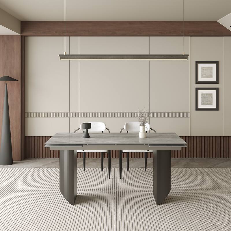 9 - Piece Extendable Sintered Stone Top Double Pedestal Dining Set With 8 Fabric Chairs