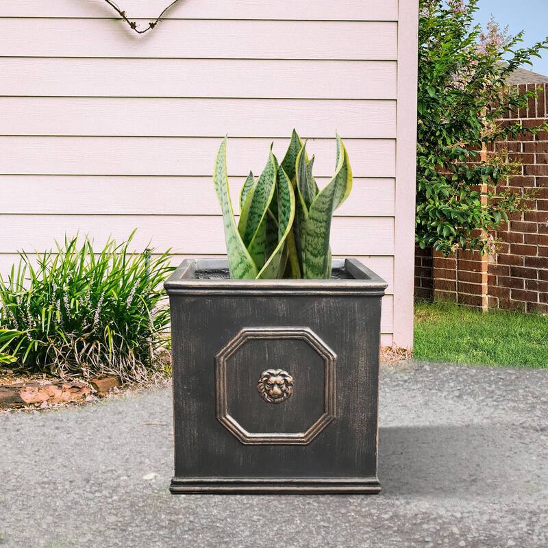 DurX-litecrete Lightweight Concrete Lion Head Square Bronze Planter Medium - 12.6'x12.6'x12.6'