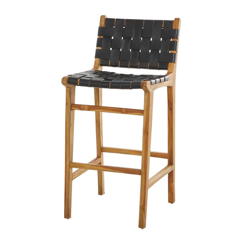 Camel Brown or Black Teak Wood Woven Leather Seat and Back Bar Stool with Beam Footrest