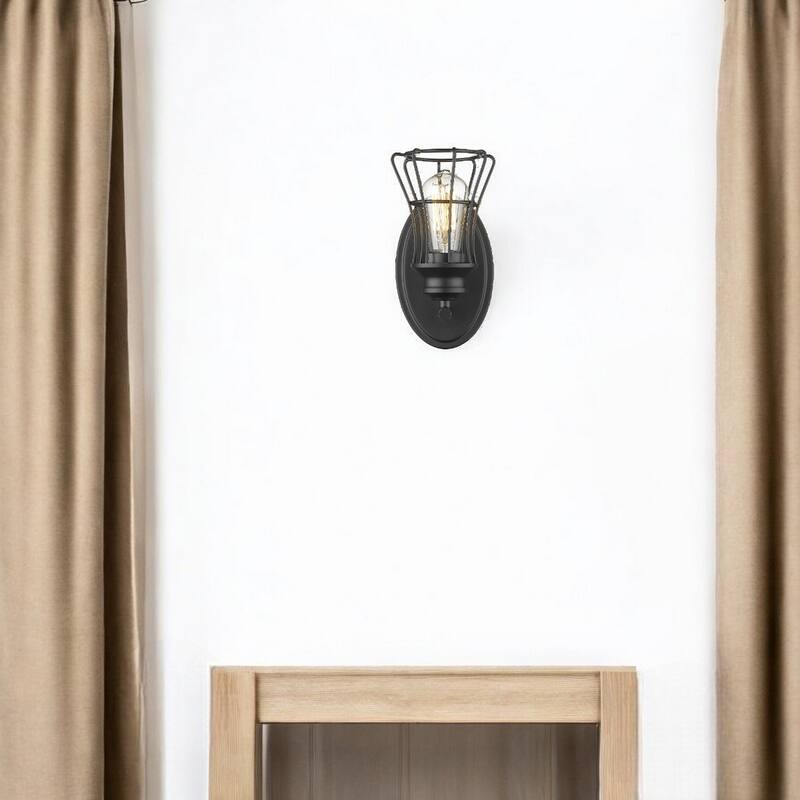 One Light Matte Black Flush Mount Industrial Cage Wall Sconce with Metal Shade and Hardwired for Indoor Use