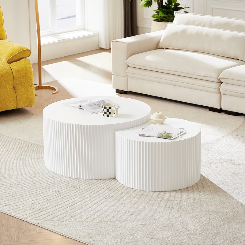 Modern Coffee Table, White Table Set of 2 with Hand-Carved Relief, for Living Room, Office and Leisure Area