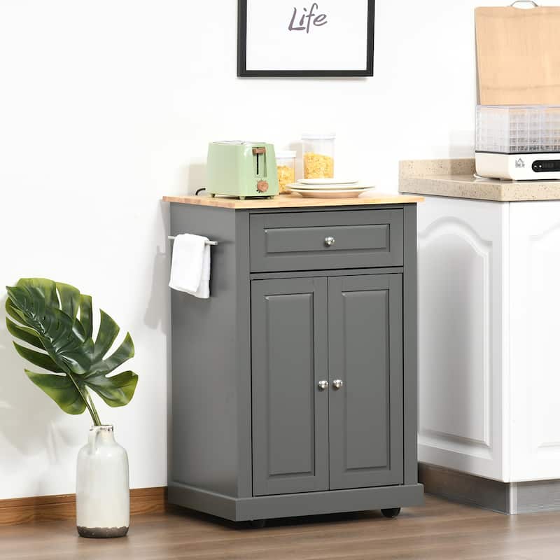 HOMCOM Rolling Kitchen Island Cart, Portable Serving Trolley Table with Drawer, Adjustable Shelf and 2 Towel Racks - Grey