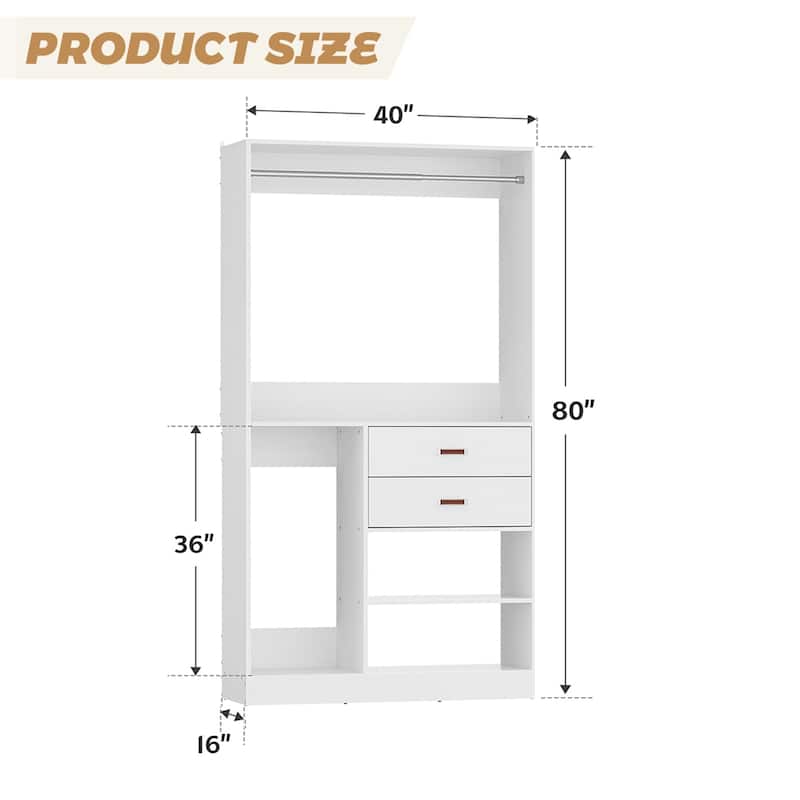 40'' Large Closet System with Shelves and 2 Drawers, Freestanding Closet Organizer with Hanging Rods
