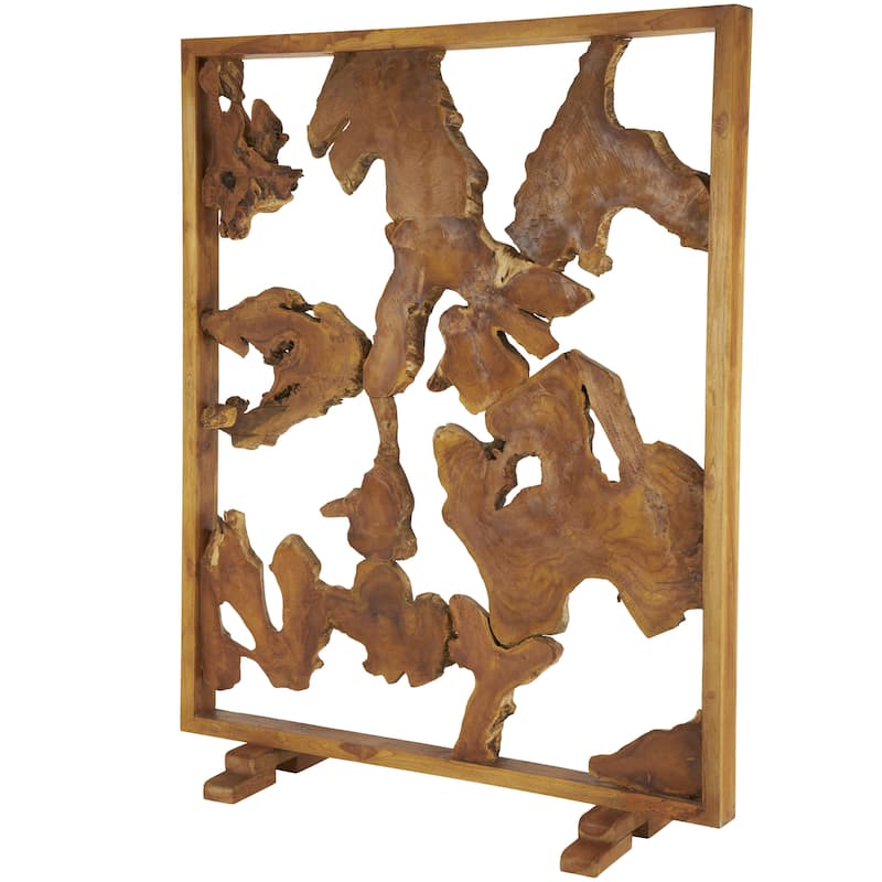 Teak Wood Tall Live Edge Freestanding Partition Room Divider Screen with Large Tree Trunk Pieces - Brown - Roche River Decor - Brown - 63"W,82"H