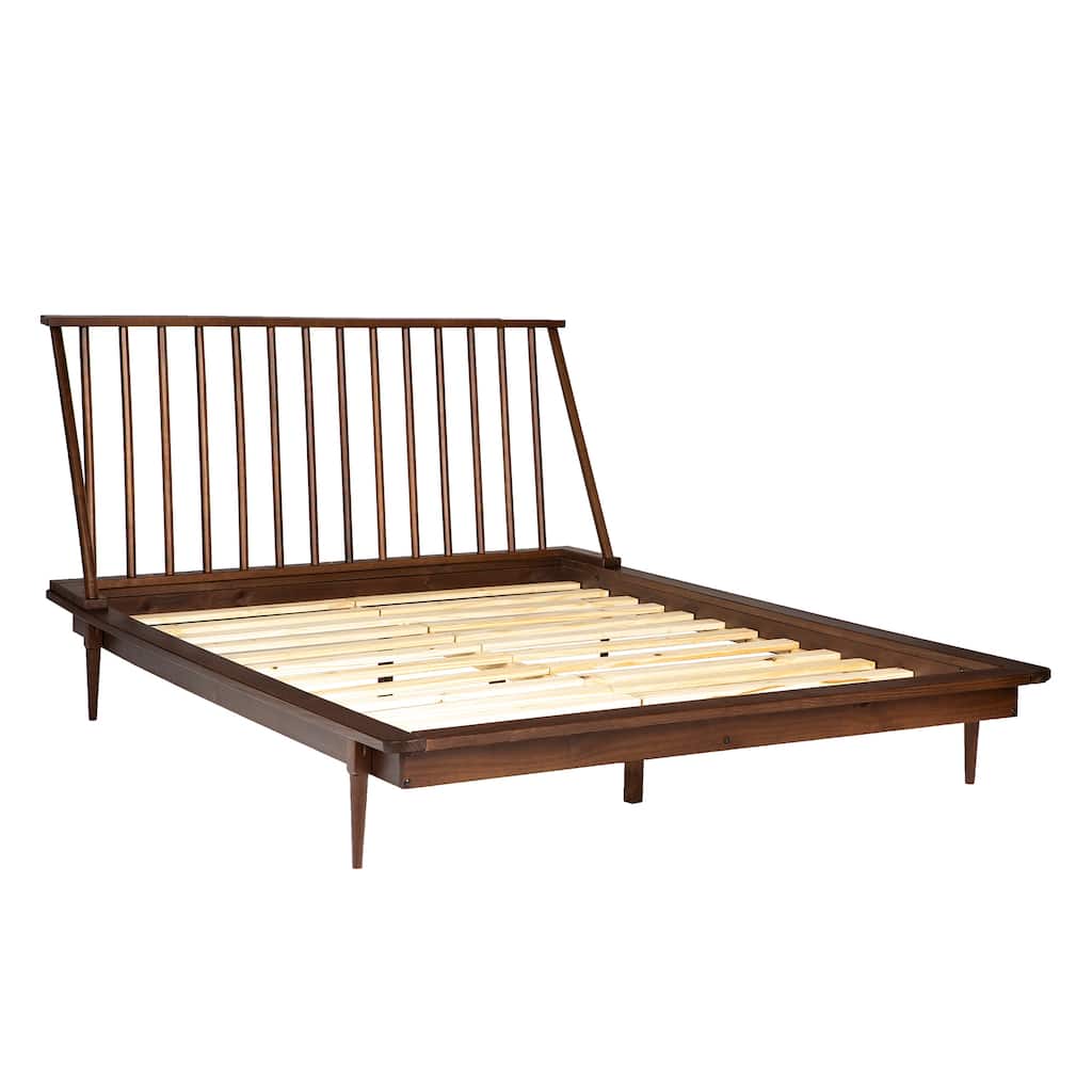 Mid-Century Modern Queen Platform Bed Frame with Spindle Headboard in Walnut