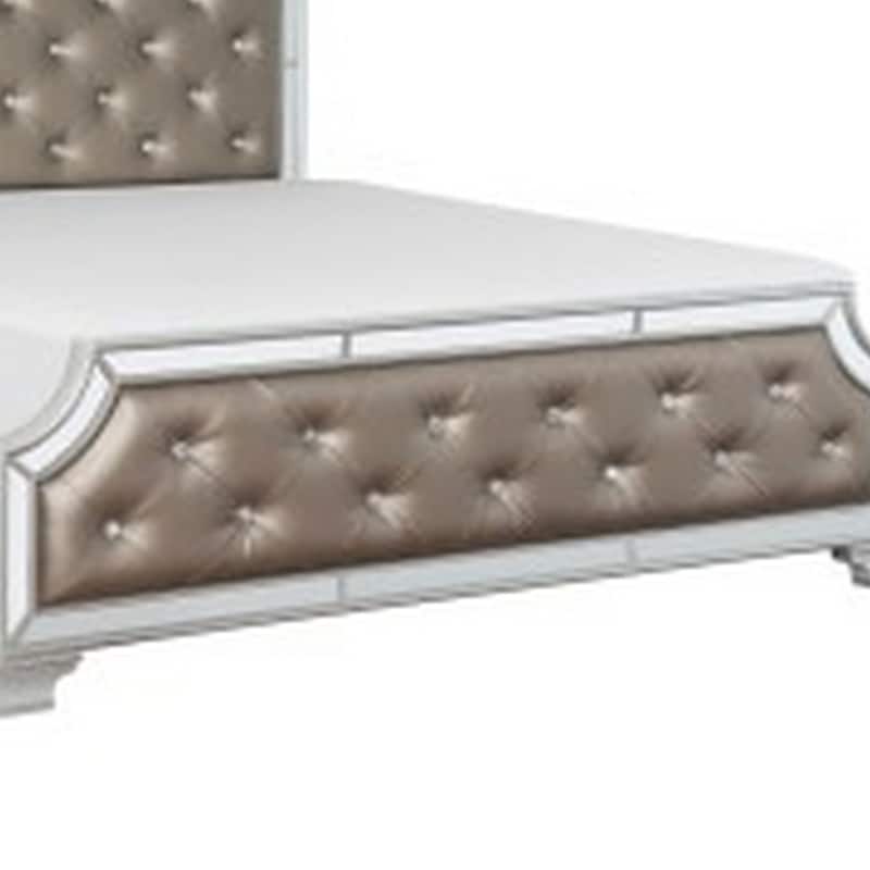 Badra Queen Bed with Crystal Button Tufting, Mirror Trim, Gray Faux Leather