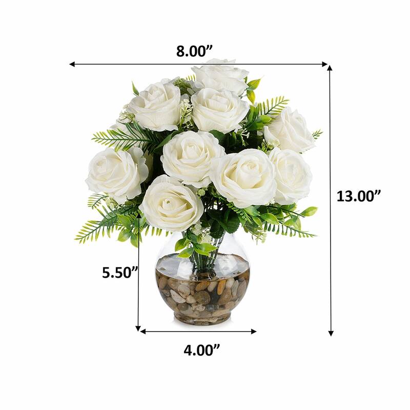 18 Heads Silk Rose Flower in Clear Glass Vase With Faux Water and River Stone for Home Decor, Wedding Table