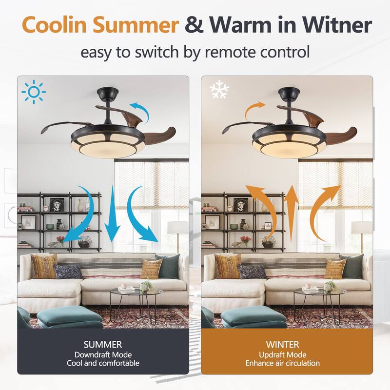 Modern Ceiling Fan Light with Light and Retractable Blades, 6 Adjustable Wind Speeds for Bedroom and Living Room
