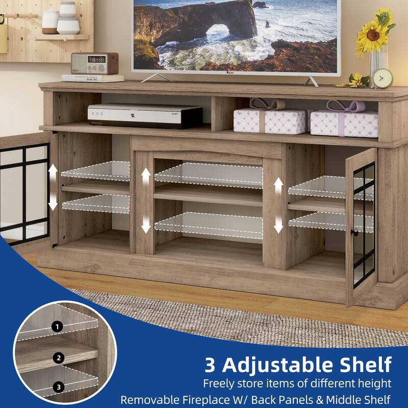 Moasis LED Farmhouse TV Stand Highboy Entertainment Center Media Console with Adjustable Shelves & Glass Doors