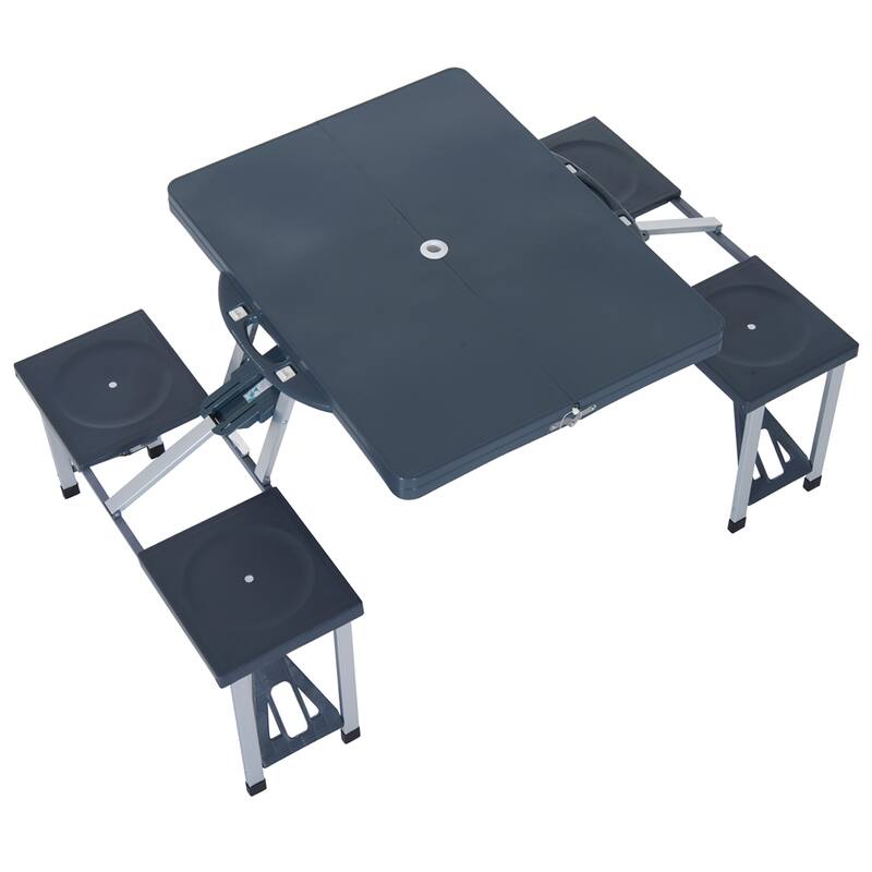 Portable Folding Picnic Table with Seats and Umbrella Hole, Multipurpose Table with Camping Chairs Set, 4-Seat, Aluminum Frame