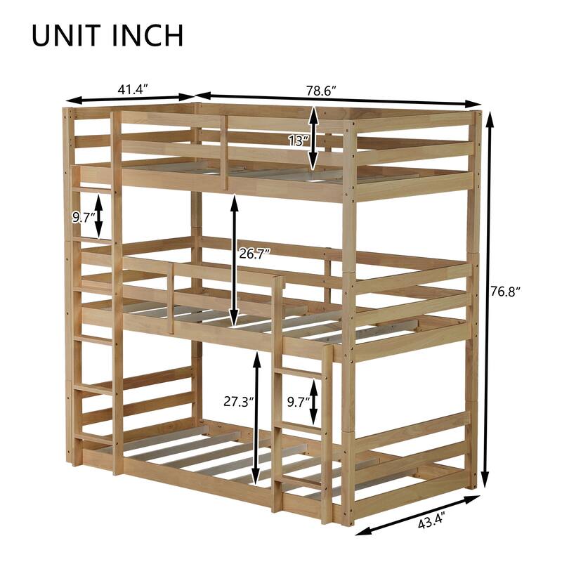 Triple Rubber Wood Bunk Bed with Two Built-in Ladders, Guardrails, Twin over Twin over Twin, Detachable Triple Twin Bunk Bed