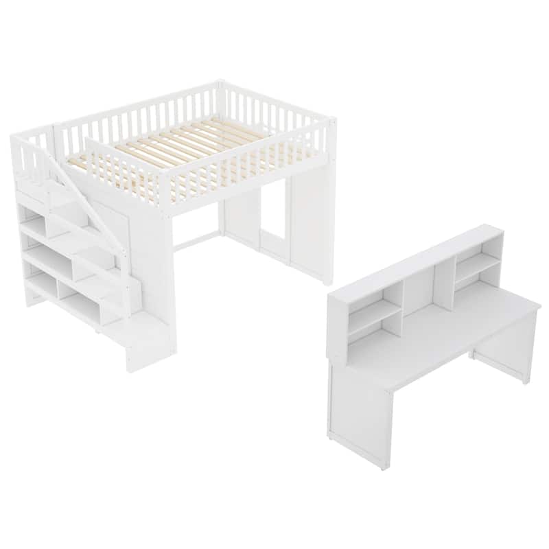 Roomfitters Loft Bed with Movable Desk and Storage Stairs, Solid Wood Workstation