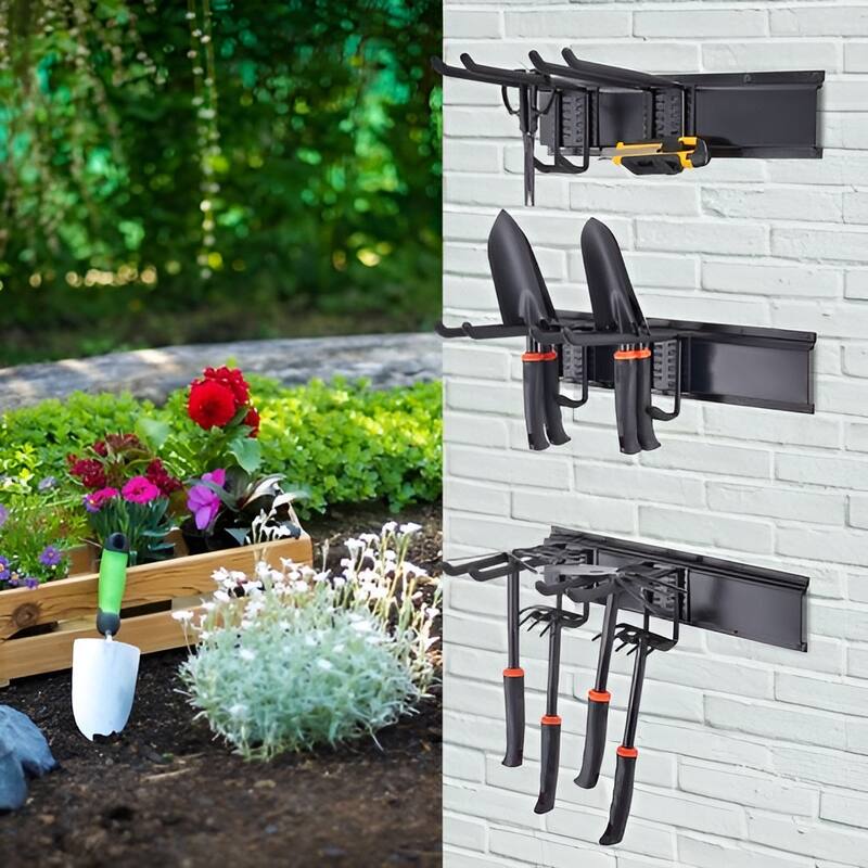 Black Carbon Steel Garage Tool Storage Rack, Wall Mount with Adjustable Hooks - 48.11” L x 4.92” W x 10.71” H