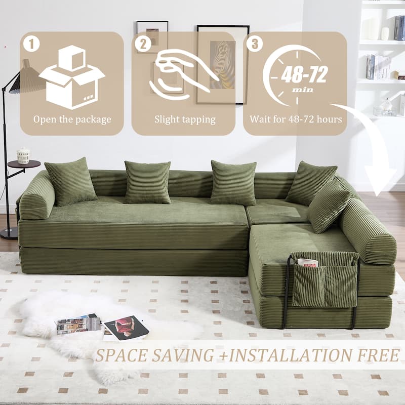 HOMEFUN Corduroy Upholstered Convertible Folding Sofa Bed with Fixed Frame and Pillow Back Handrail