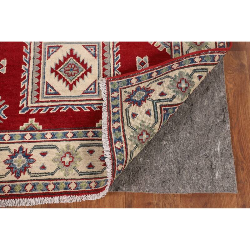 Red Geometric Kazak Foyer Rug Handmade Oriental Wool Carpet - 3'6" x 5'1"