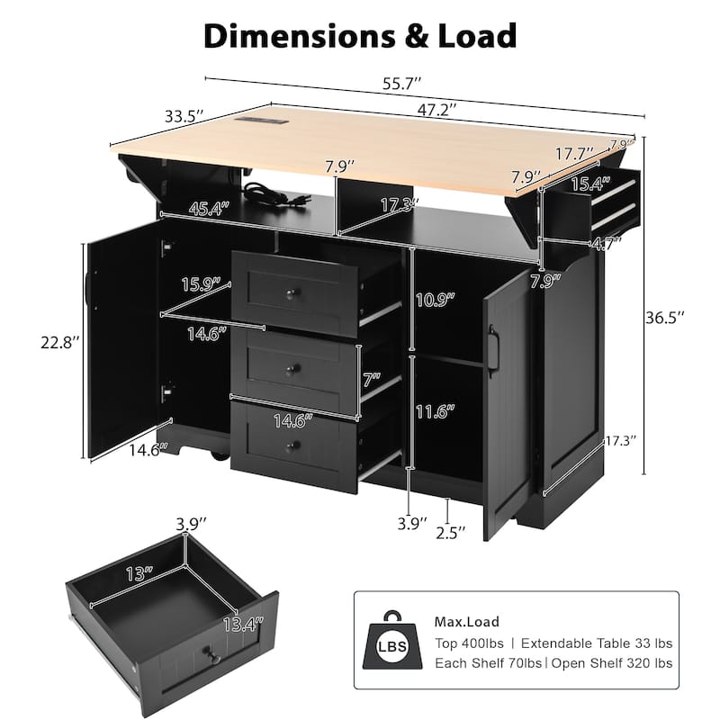 55.7" Large Kitchen Island with 2 Drop Leaf, Rolling Kitchen Cart on 5 Wheels with Power Outlet