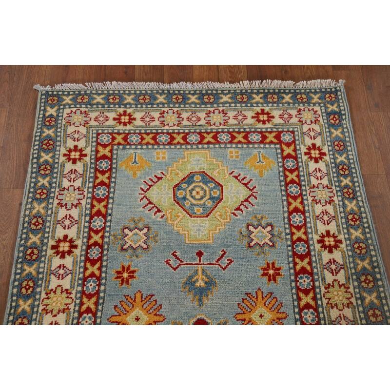 Light Blue Kazak Runner Rug Handmade Traditional Wool Carpet - 2'9" x 9'9"