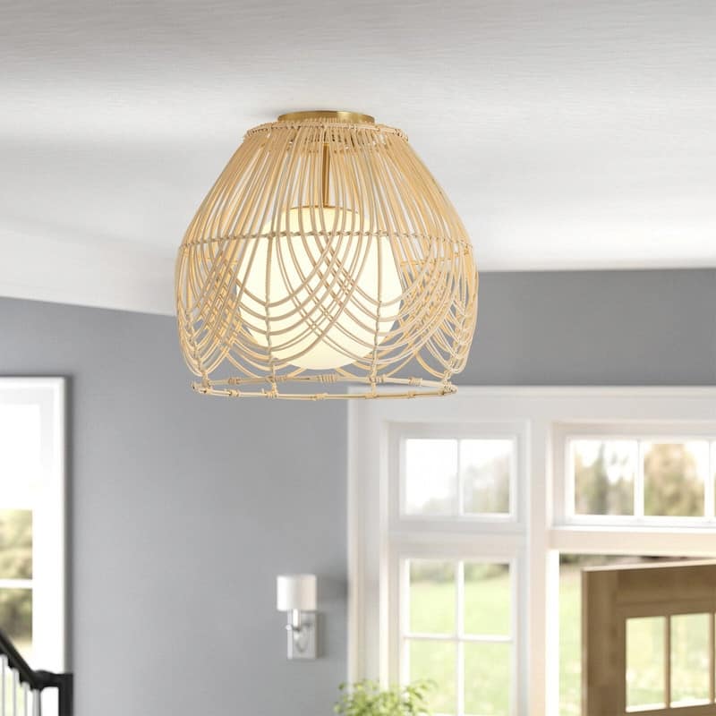 Boho Rattan Flush Mount 1 Light Copper Finish Woven Shade