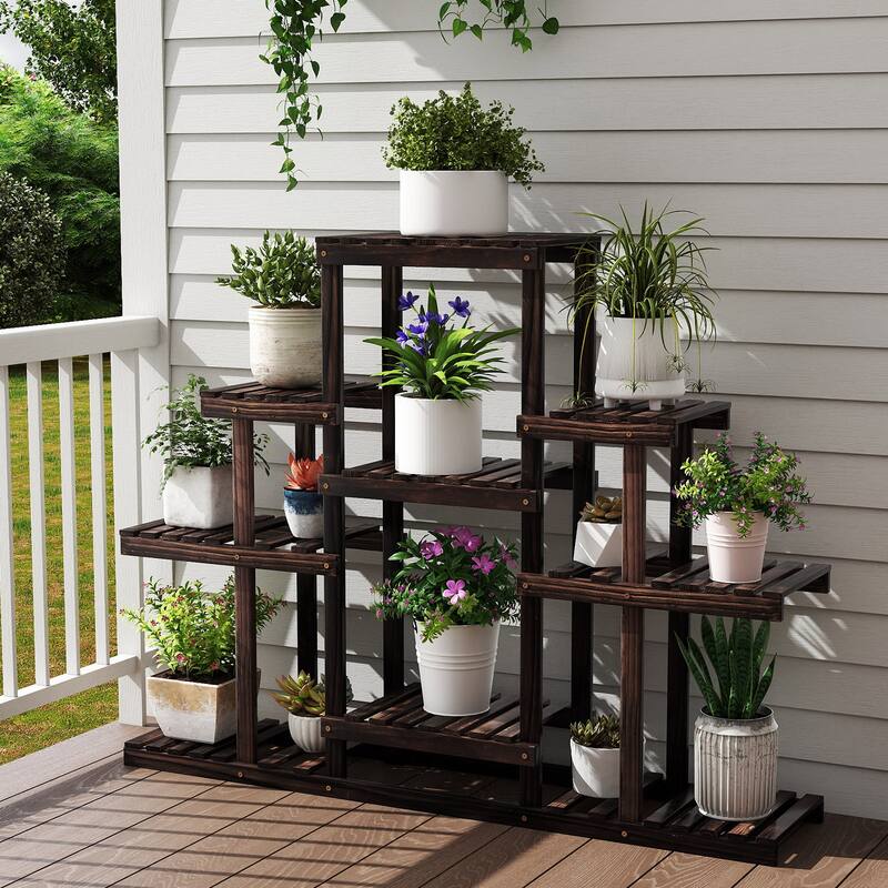 Brown Pine Wood 6-Tier Plant Stand with 9 Shelves for Indoor and Outdoor - 47" x 10" x 38"