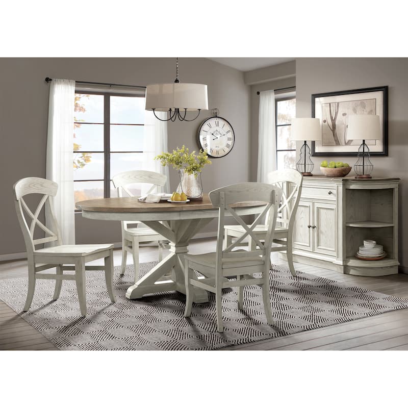 Roundhill Furniture Harola 7-Piece Dining Set, Round Pedestal Dining Table with 18" Leaf, 6 Side Chairs