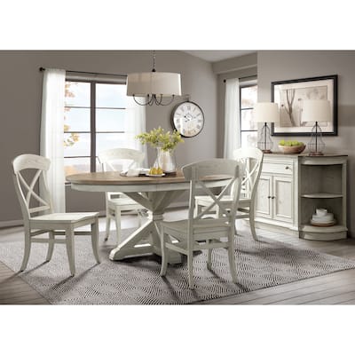 Roundhill Furniture Harola 7-Piece Dining Set, Round Pedestal Dining Table with 18" Leaf, 6 Side Chairs