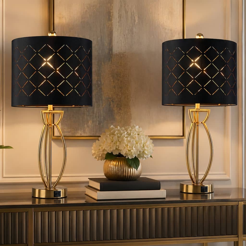 Maxax 25" Modern Glam Table Lamp Set With Night Light USB+Type-C Ports (Set of 2)
