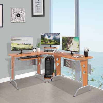 HOMCOM L-Shaped Corner Computer Office Desk Workstation with Elevated Shelf, Rolling Keyboard Tray, & Convenient CPU Stand