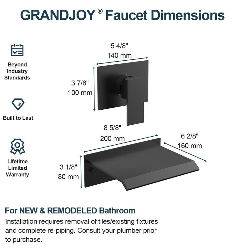 GRANDJOY Wall-Mount Waterfall Bathtub Faucets Single Handle Shower Faucets