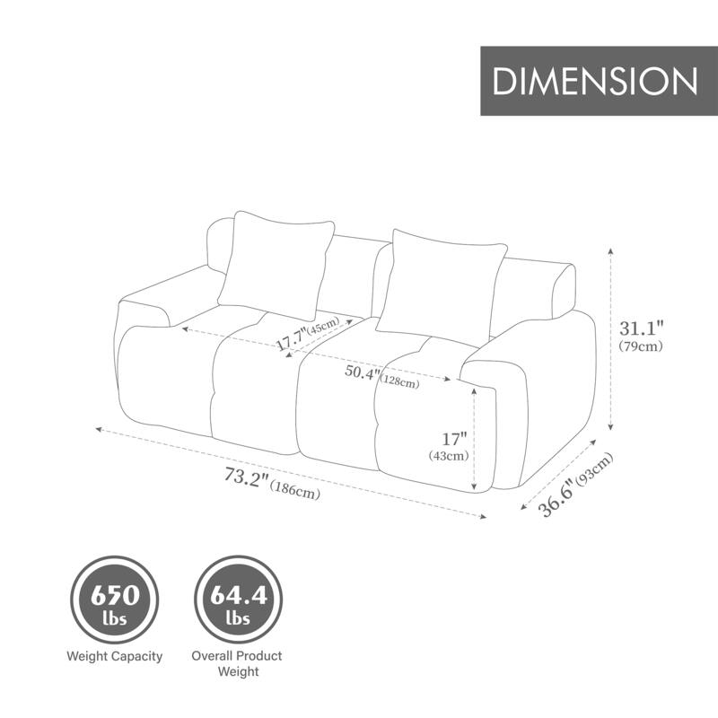 73.2"W Modern Upholstered Loveseat Sofa with 2 Pillows,Fluffy Compressed Sofa, No assembly required