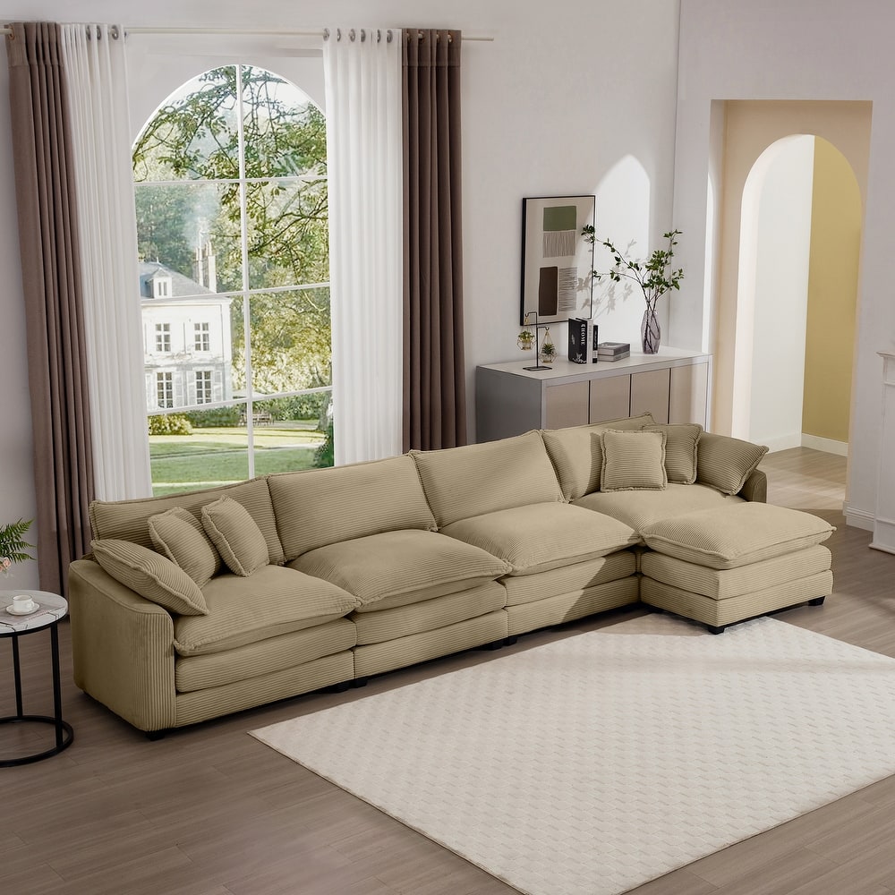150" Corduroy Cloud Upholstered Modular L-Shaped Sectional Sofa with Removable Ottoman and Free Combination Design