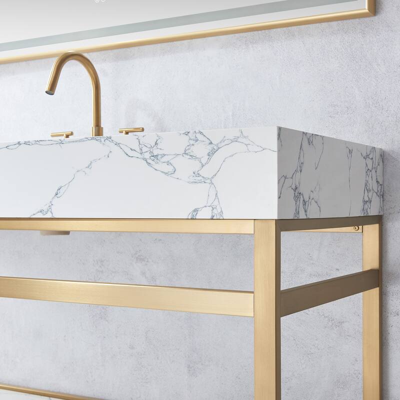 Ecija Bath Vanity, Metal Support with Composite Stone Top and Mirror