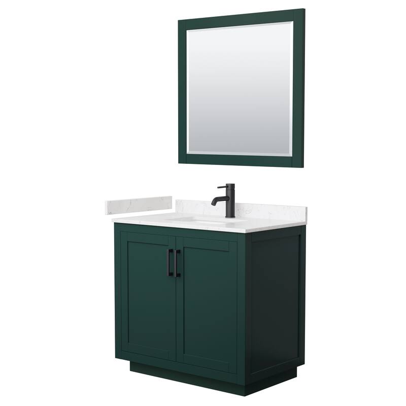 Miranda Single Vanity Set, Cultured Marble Top, 34-Inch Mirror - 36-Inch Single - Green, Black Trim, Carrara Cultured Marble Top
