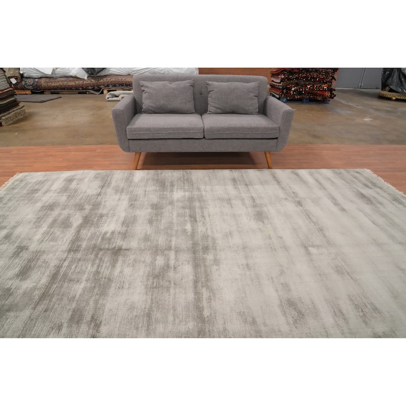 Hand Knotted Oriental Viscose Silk Carpet Modern Modern Greys & Charcoal Abstract Area Rug - 11' 4'' X 8' 0''